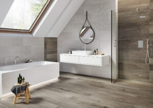 porcelain tile bathroom with wood style floor